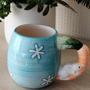 Vintage Light Blue Easter Egg Shaped Mug with a Carrot Handle and Bunny